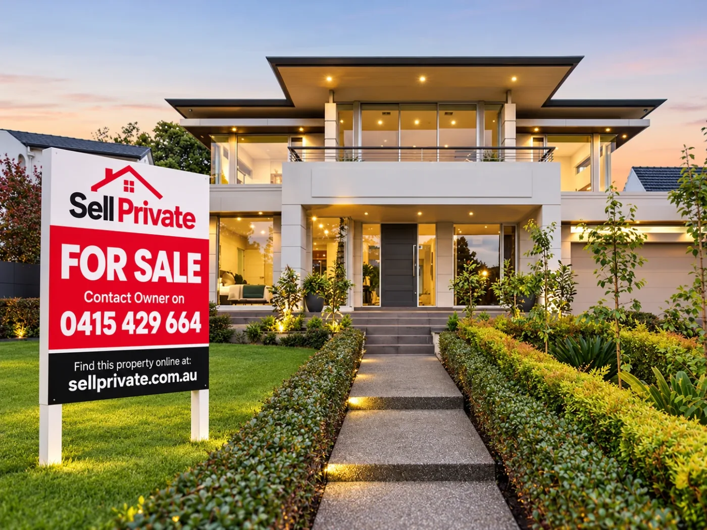 A SellPrivate For Sale sign on the front lawn of a house